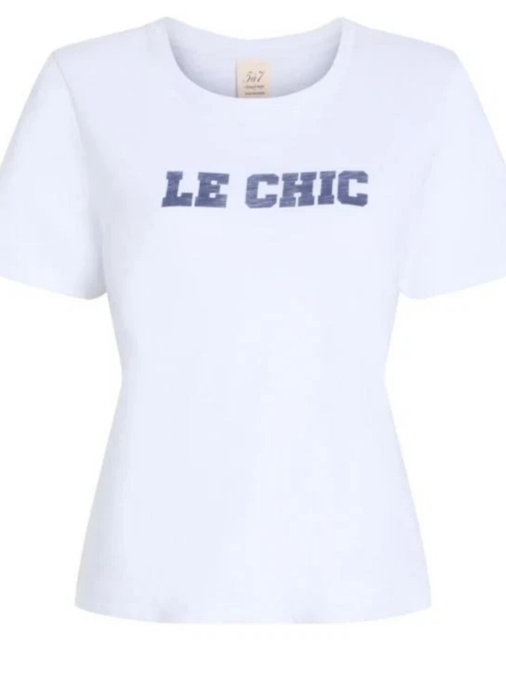 Cinq a Sept Le Chic Tee White Shrunken Tee with Navy 'LE CHIC' Logo Med New